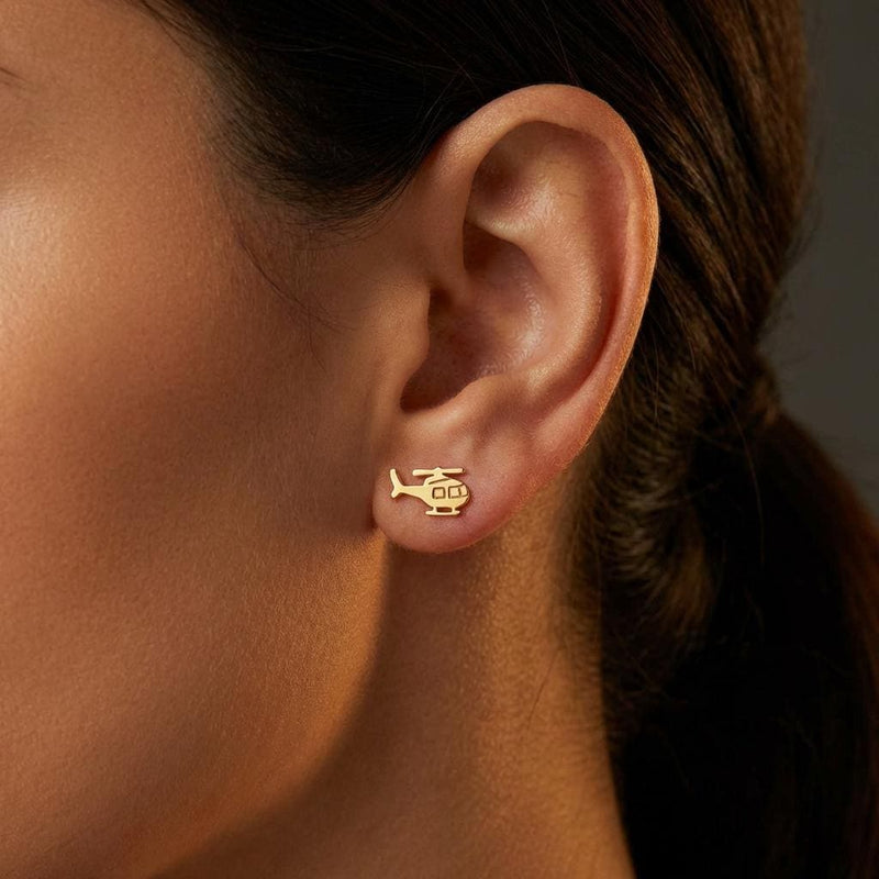 Pair of small gold helicopter stud earrings with visible rotors and skids (3 of 10)
