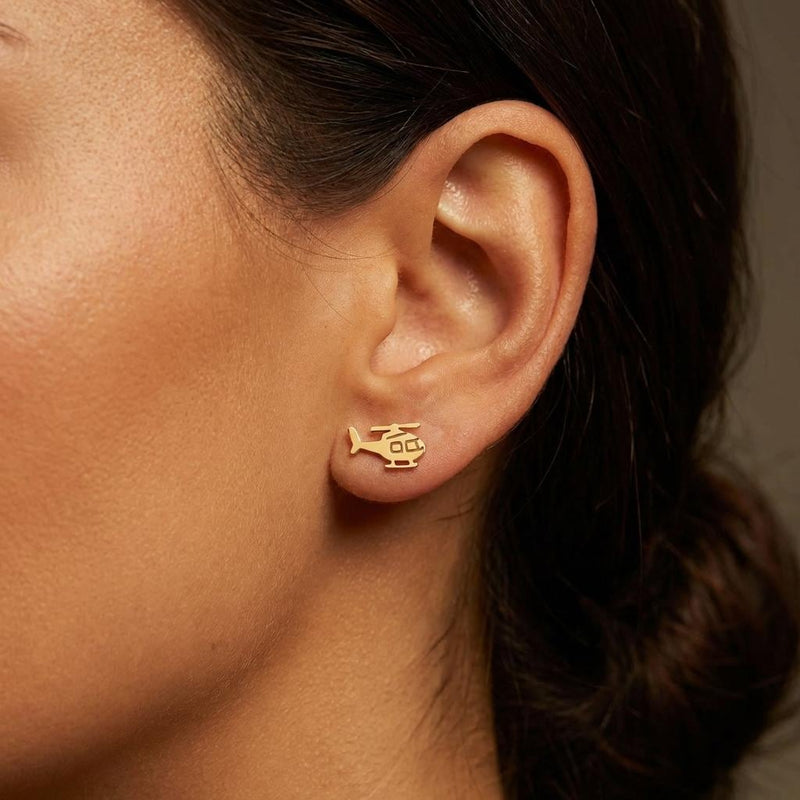 Pair of small gold helicopter stud earrings with visible rotors and skids (4 of 10)