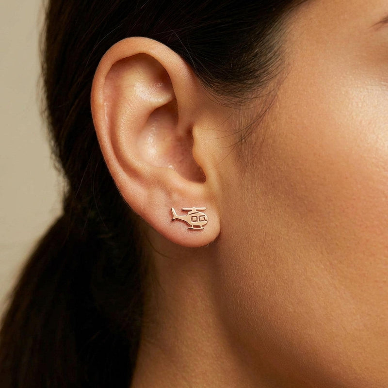 Pair of small gold helicopter stud earrings with visible rotors and skids (6 of 10)