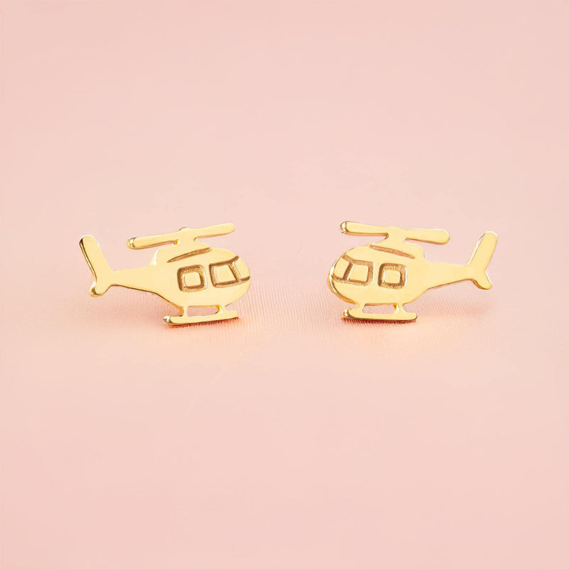 Pair of small gold helicopter stud earrings with visible rotors and skids (7 of 10)