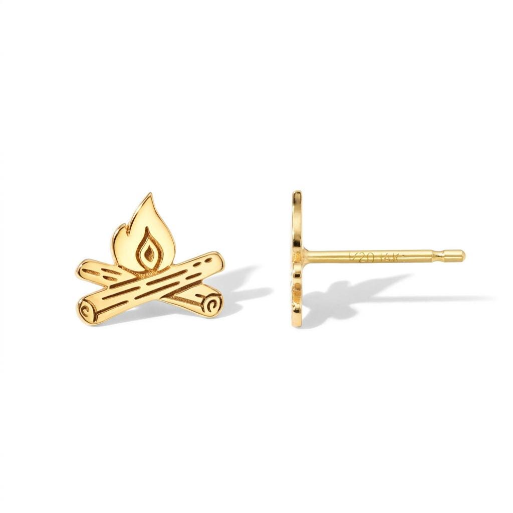 Pair of gold campfire stud earrings with crossed logs and a flame