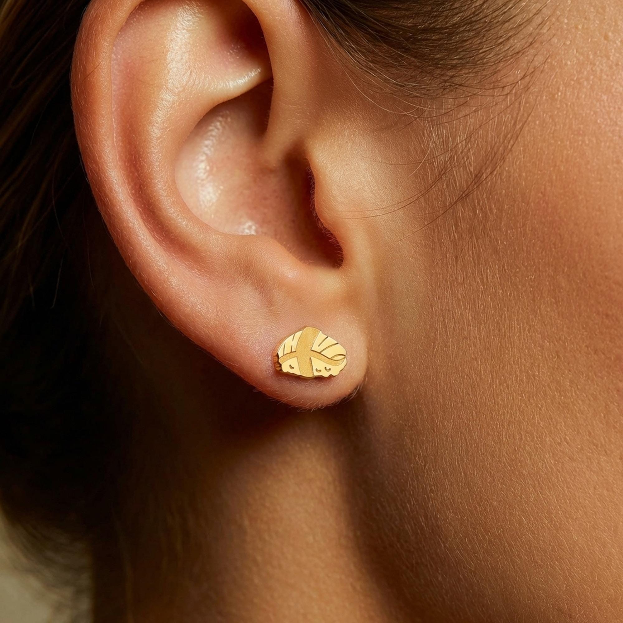 Pair of gold nigiri sushi stud earrings with rice base and fish slice on top (2 of 9)