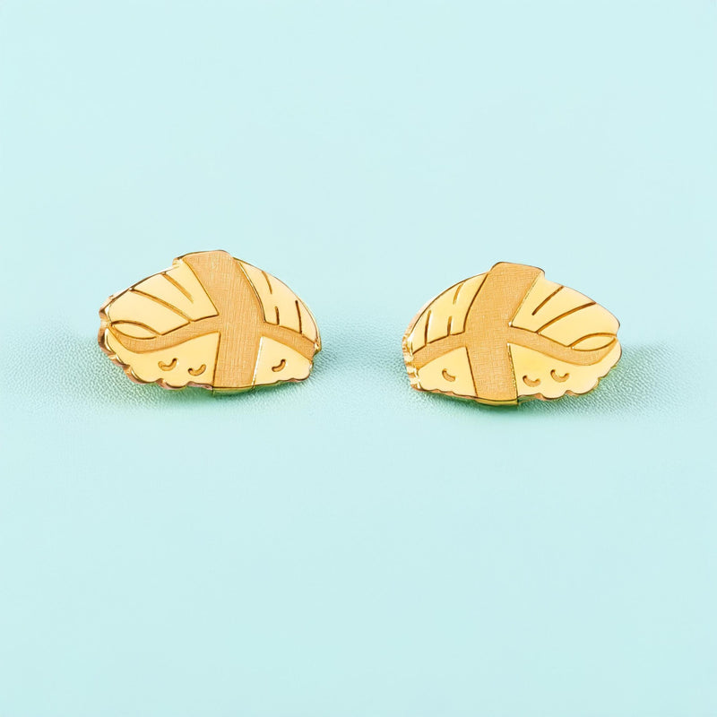 Pair of gold nigiri sushi stud earrings with rice base and fish slice on top (5 of 9)