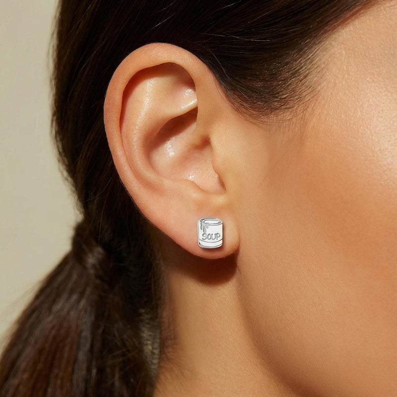 Pair of very small gold soup can stud earrings with banded labels (2 of 9)