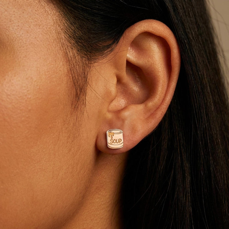 Pair of very small gold soup can stud earrings with banded labels (3 of 9)