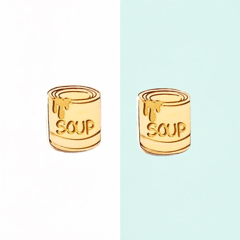 Pair of very small gold soup can stud earrings with banded labels (5 of 9)