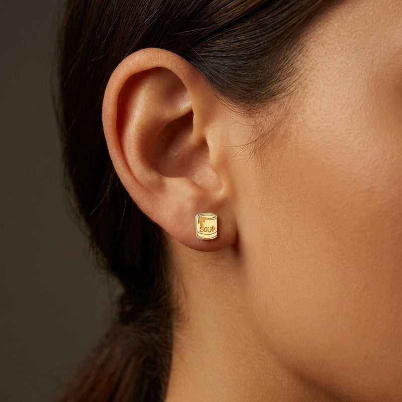 Pair of very small gold soup can stud earrings with banded labels (6 of 9)