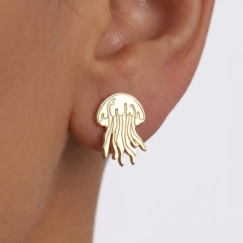 Pair of small gold jellyfish stud earrings with trailing tentacles (2 of 9)