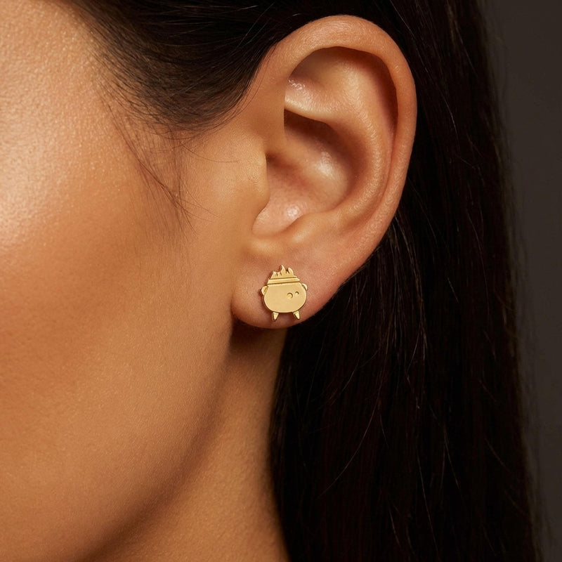 Pair of small gold witch cauldron stud earrings with a curved handle (4 of 7)