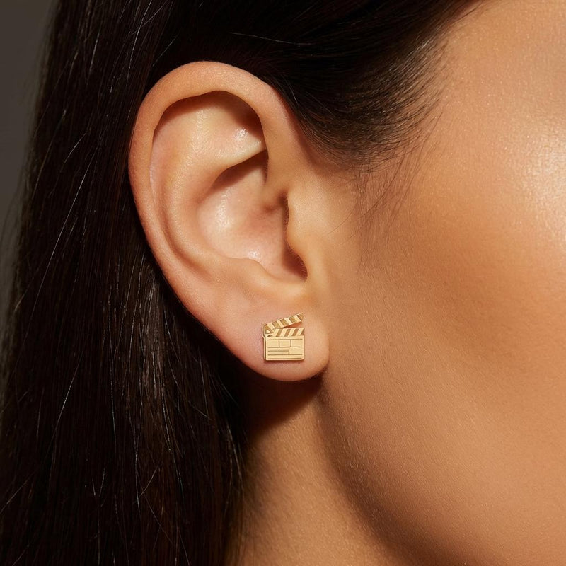Pair of small gold film clapboard stud earrings with striped slate detail (11 of 14)