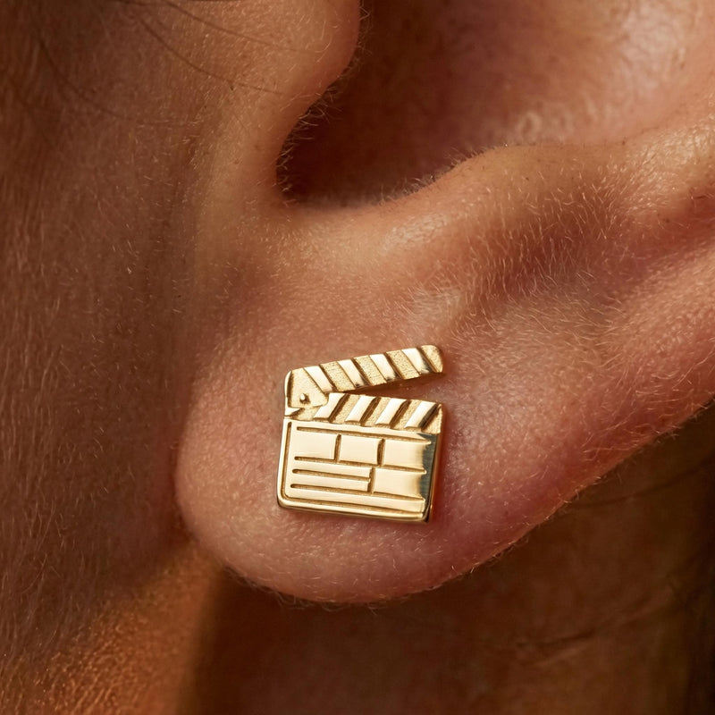 Pair of small gold film clapboard stud earrings with striped slate detail (2 of 14)