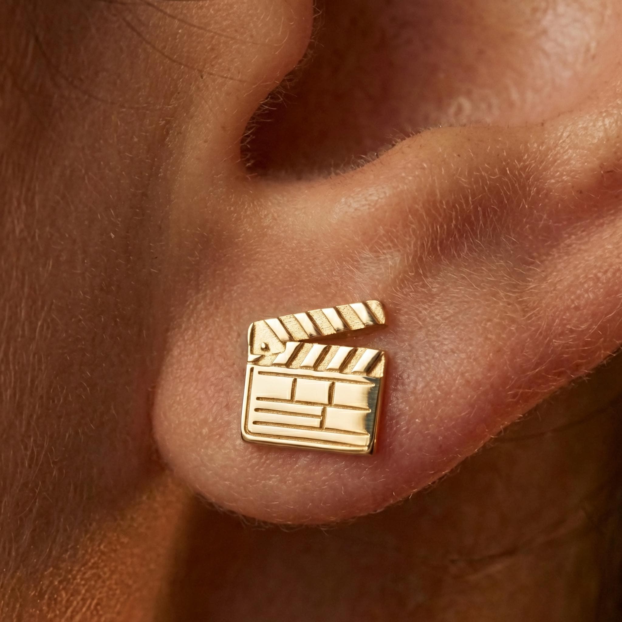Pair of small gold film clapboard stud earrings with striped slate detail (2 of 14)