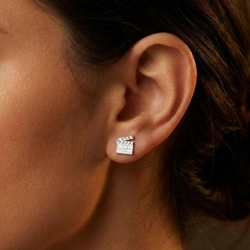 Pair of small gold film clapboard stud earrings with striped slate detail (4 of 14)