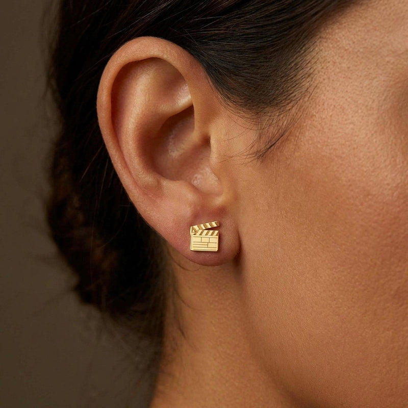 Pair of small gold film clapboard stud earrings with striped slate detail (5 of 14)