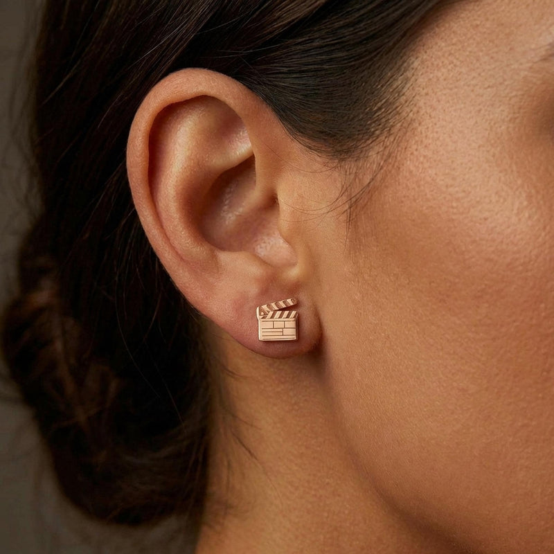 Pair of small gold film clapboard stud earrings with striped slate detail (6 of 14)