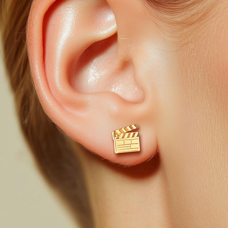 Pair of small gold film clapboard stud earrings with striped slate detail (7 of 14)