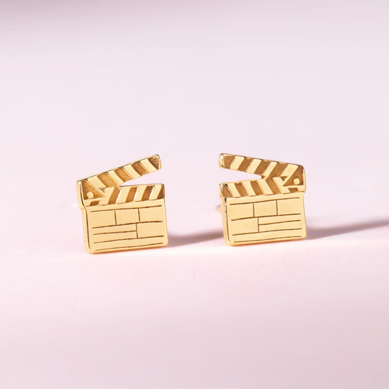 Pair of small gold film clapboard stud earrings with striped slate detail (8 of 14)