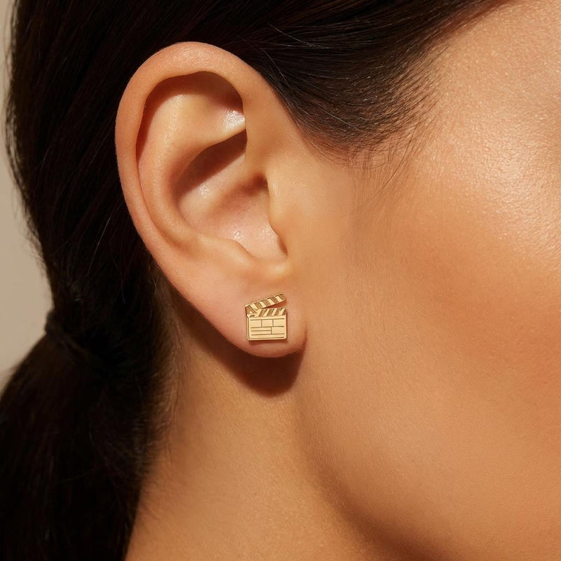 Pair of small gold film clapboard stud earrings with striped slate detail (9 of 14)