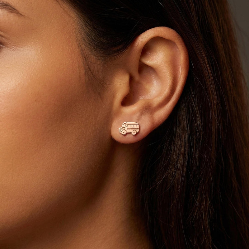 Pair of small gold school bus stud earrings with windows and wheels (3 of 9)