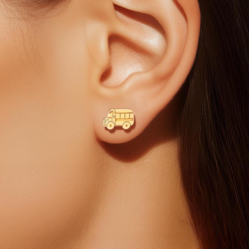 Pair of small gold school bus stud earrings with windows and wheels (4 of 9)