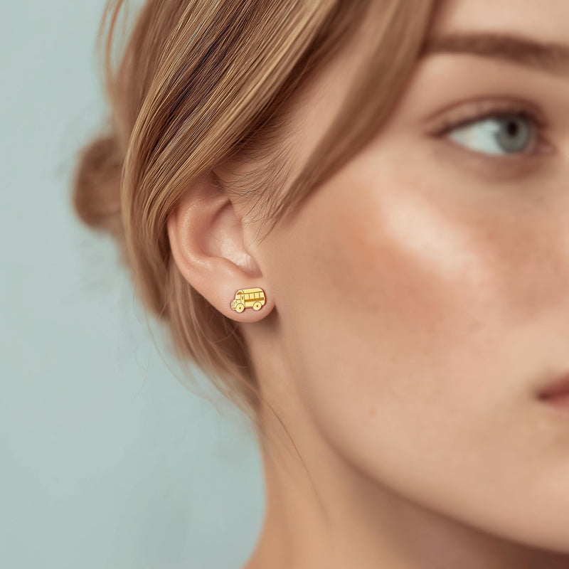 Pair of small gold school bus stud earrings with windows and wheels (5 of 9)
