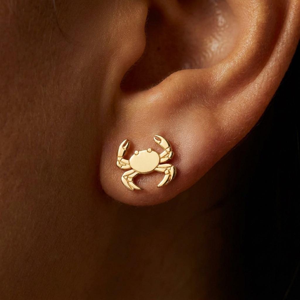 Pair of small gold crab stud earrings with wide claws and eight legs (2 of 12)