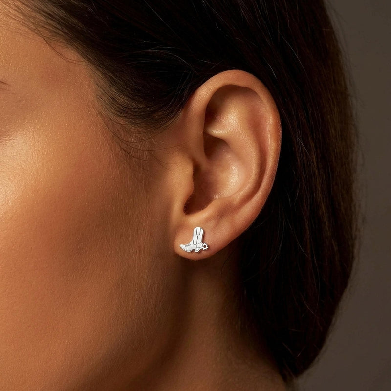 Tiny gold cowboy boot stud earrings with stitch detail on the shaft (3 of 10)