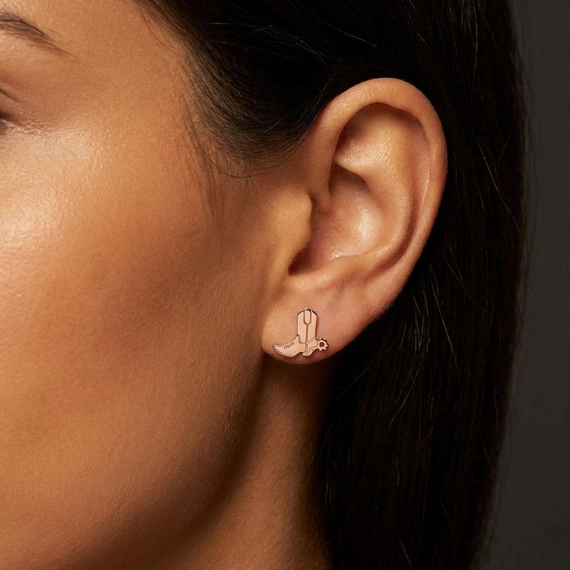 Tiny gold cowboy boot stud earrings with stitch detail on the shaft (4 of 10)