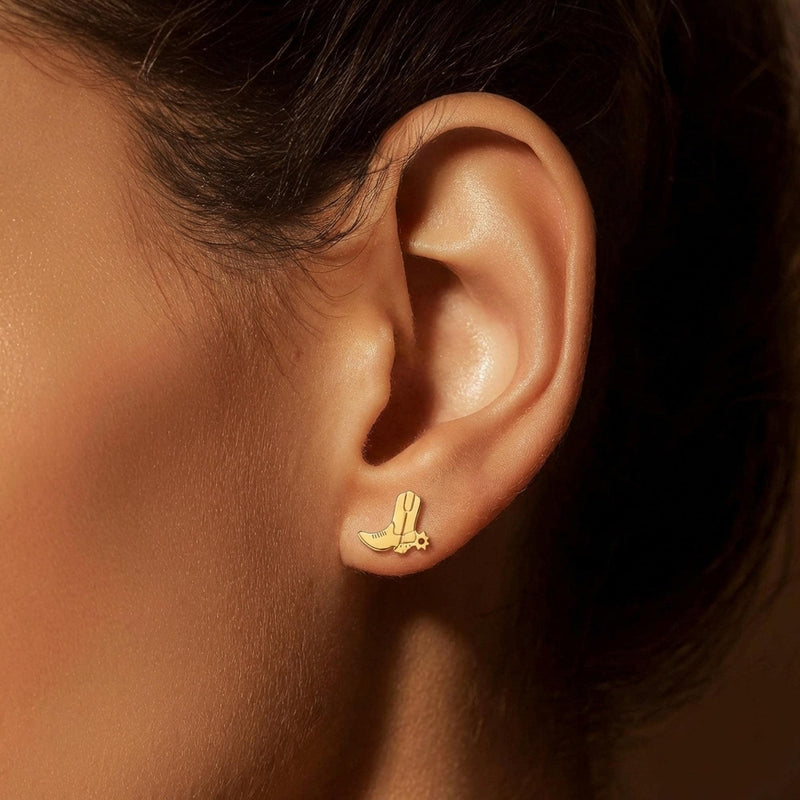 Tiny gold cowboy boot stud earrings with stitch detail on the shaft (6 of 10)