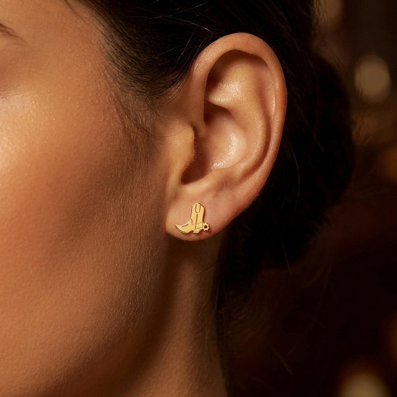 Tiny gold cowboy boot stud earrings with stitch detail on the shaft (7 of 10)