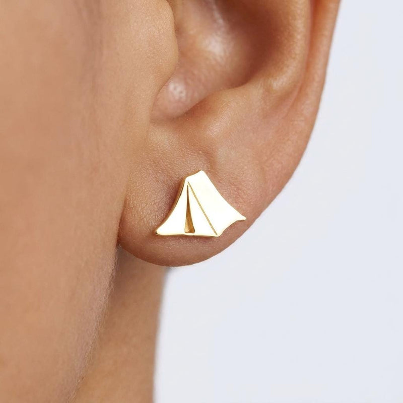 Pair of small gold A frame camping tent stud earrings with a scored door flap.