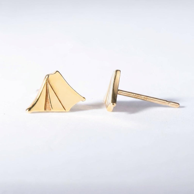 Pair of small gold A frame camping tent stud earrings with a scored door flap. (3 of 7)