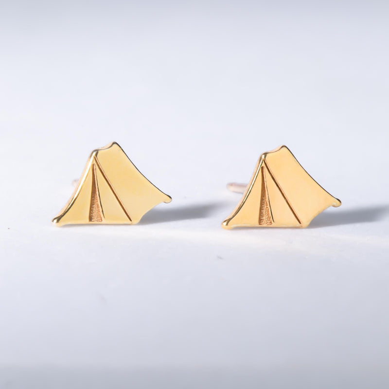 Pair of small gold A frame camping tent stud earrings with a scored door flap. (4 of 7)