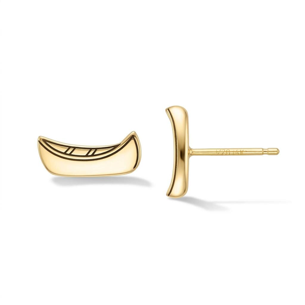 Pair of tiny gold canoe stud earrings seen from the side with cut crossbars