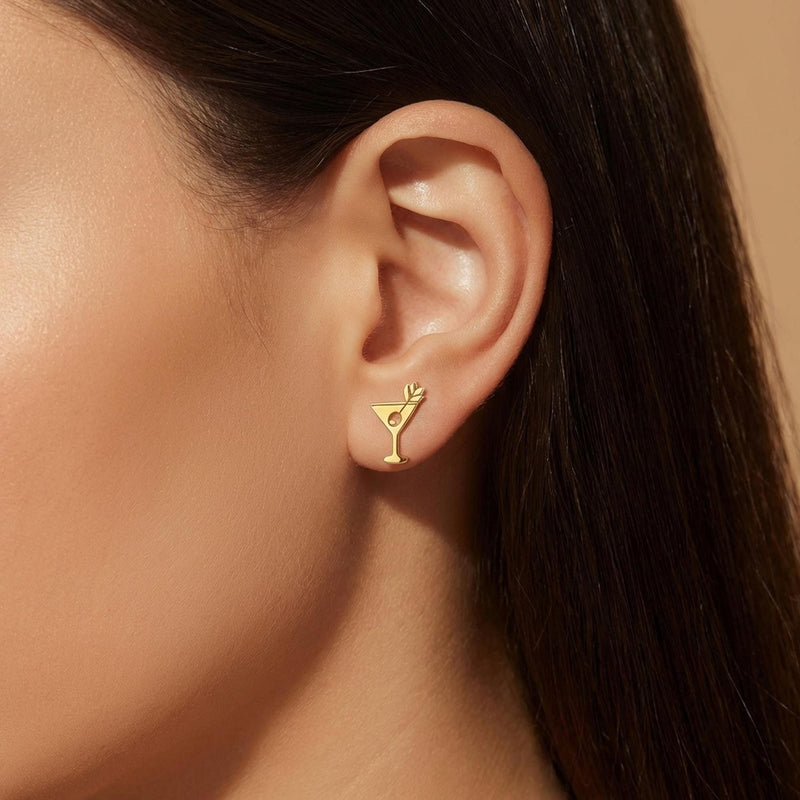 Small gold martini glass stud earrings with an olive on a pick, shown as a pair (11 of 12)