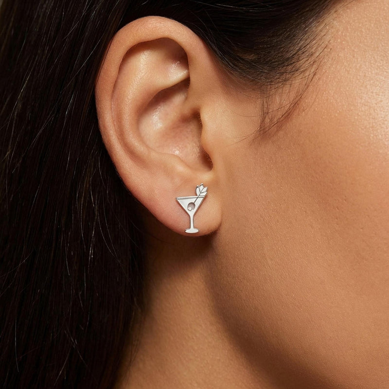 Small gold martini glass stud earrings with an olive on a pick, shown as a pair (12 of 12)