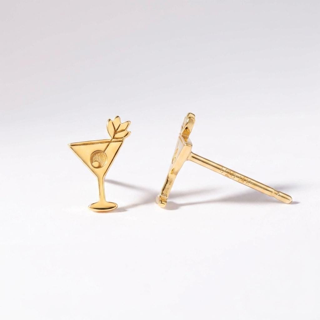 Small gold martini glass stud earrings with an olive on a pick, shown as a pair (2 of 12)