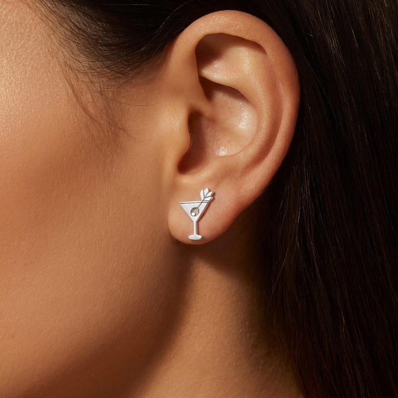 Small gold martini glass stud earrings with an olive on a pick, shown as a pair (3 of 12)