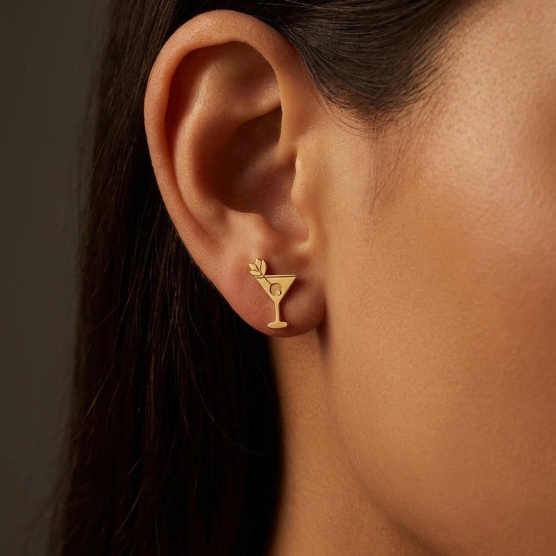 Small gold martini glass stud earrings with an olive on a pick, shown as a pair (5 of 12)