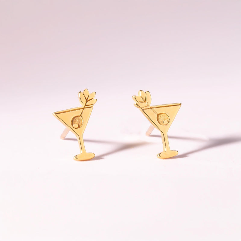 Small gold martini glass stud earrings with an olive on a pick, shown as a pair (6 of 12)