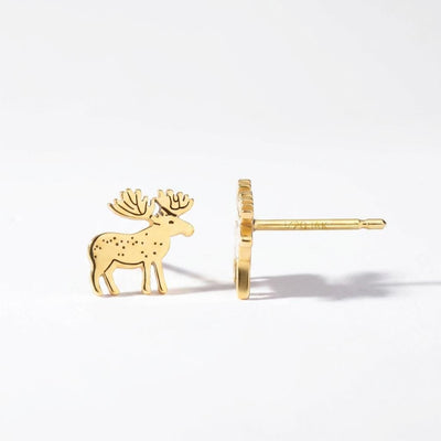 Tiny gold moose stud earrings with wide antlers shown standing square