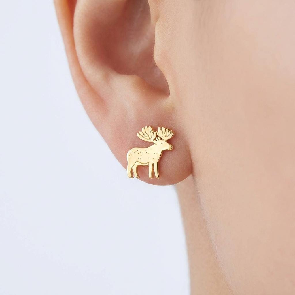 Tiny gold moose stud earrings with wide antlers shown standing square (2 of 9)