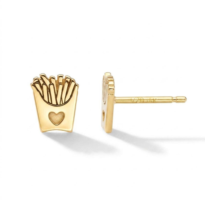 Tiny gold french fry carton stud earrings with fries over the rim.