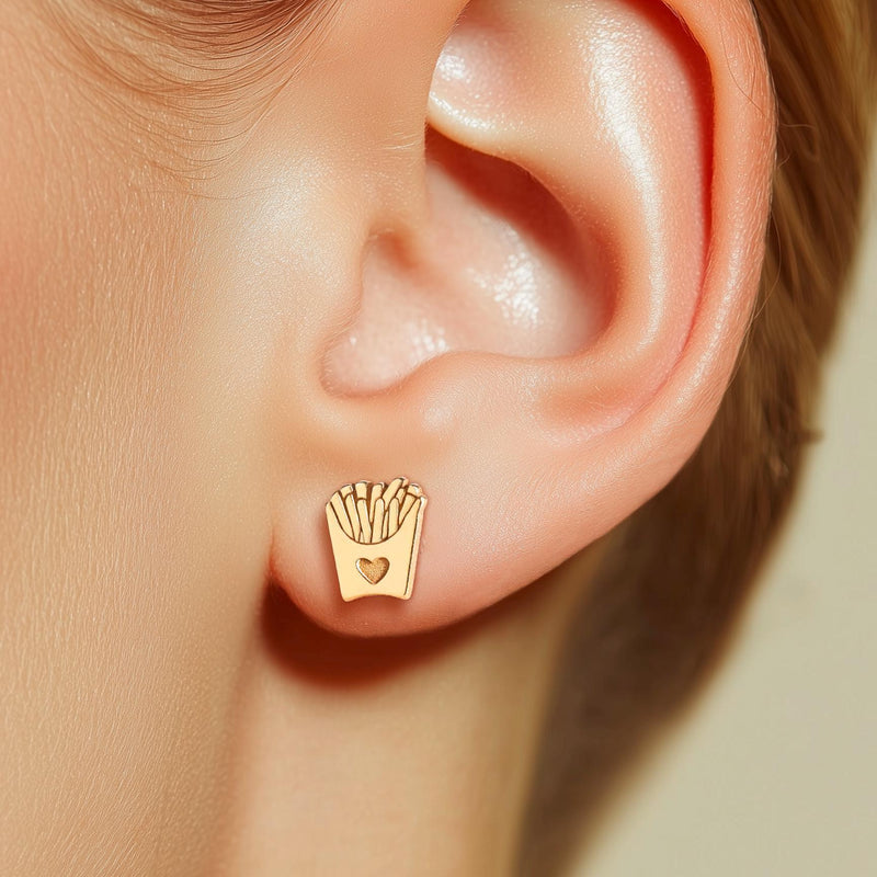 Tiny gold french fry carton stud earrings with fries over the rim. (2 of 10)