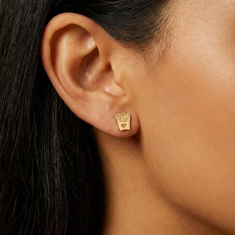 Tiny gold french fry carton stud earrings with fries over the rim. (4 of 10)
