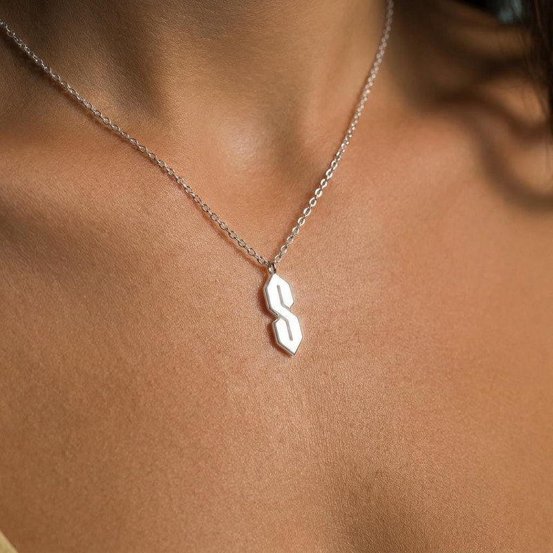 Fine gold chain necklace with an angular geometric S shaped pendant (6 of 10)