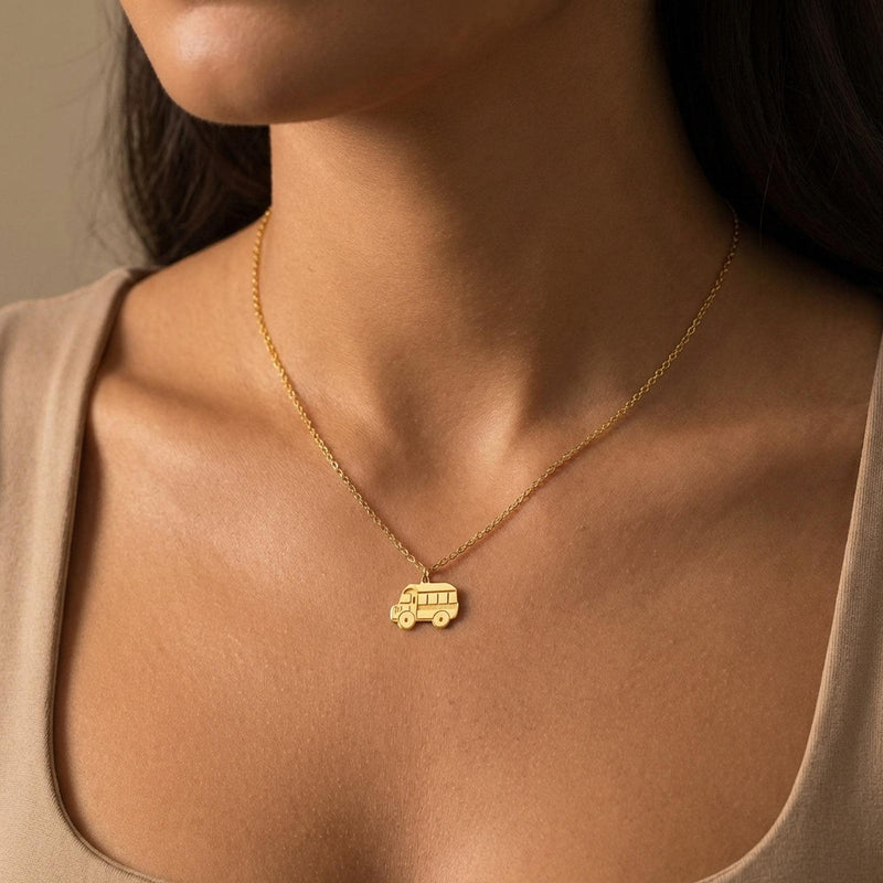 Small school bus pendant on a delicate gold chain necklace (2 of 13)