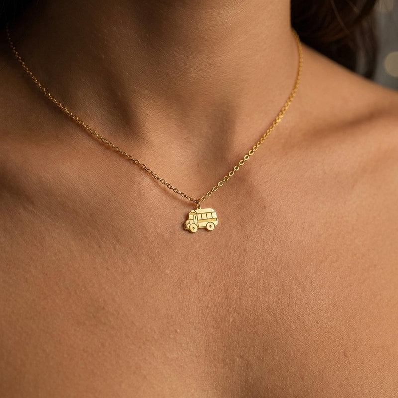 Small school bus pendant on a delicate gold chain necklace (3 of 13)
