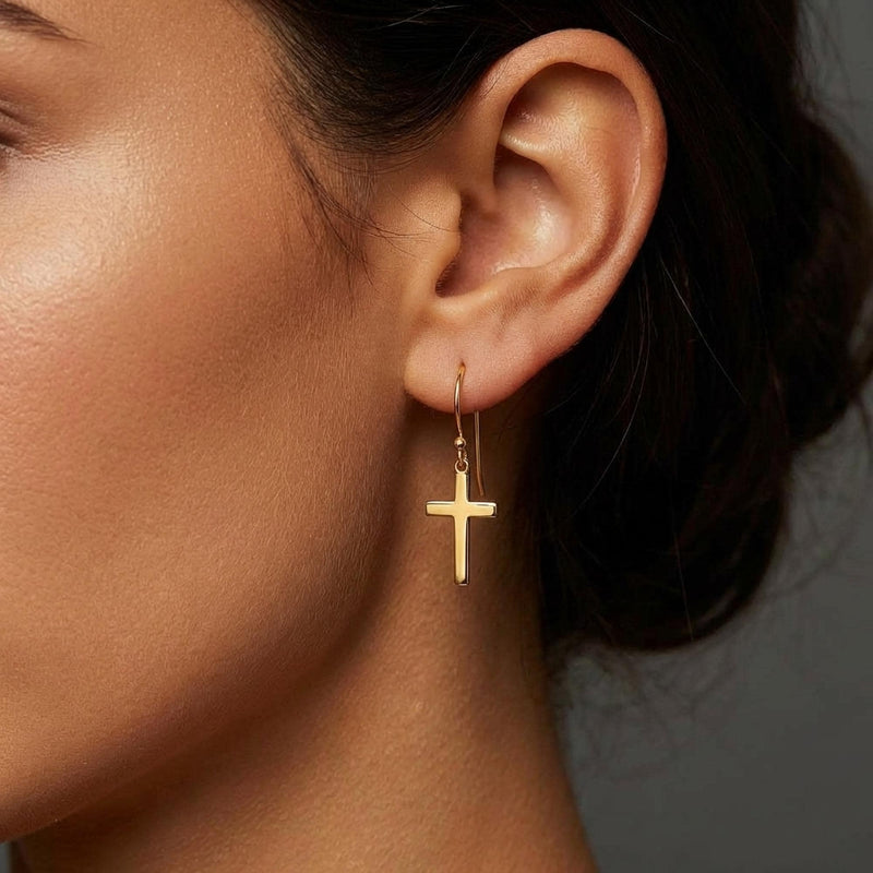 Pair of simple upright cross stud earrings in polished gold (2 of 10)