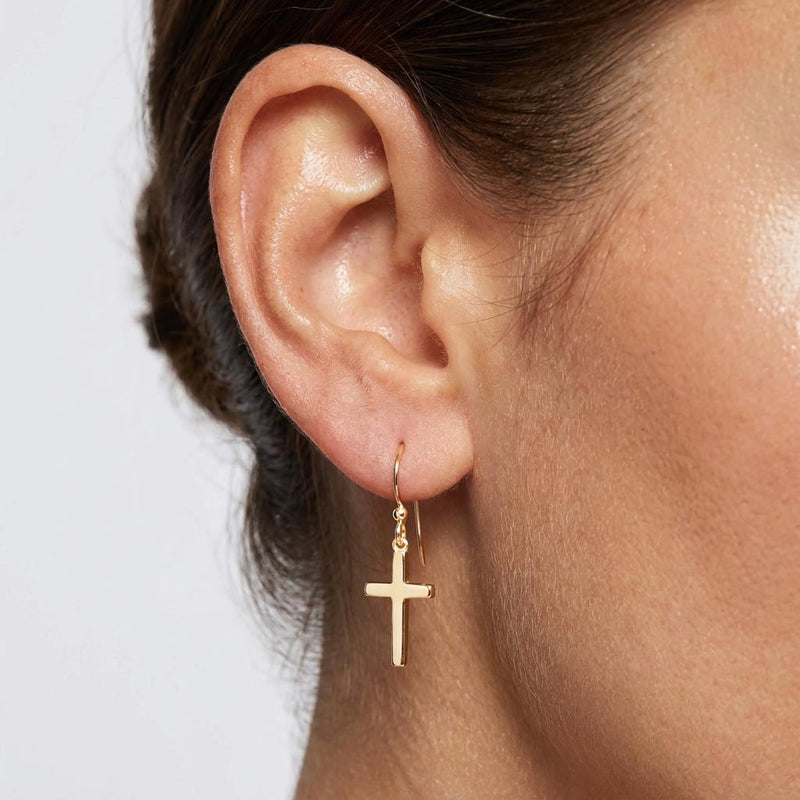 Pair of simple upright cross stud earrings in polished gold (3 of 10)